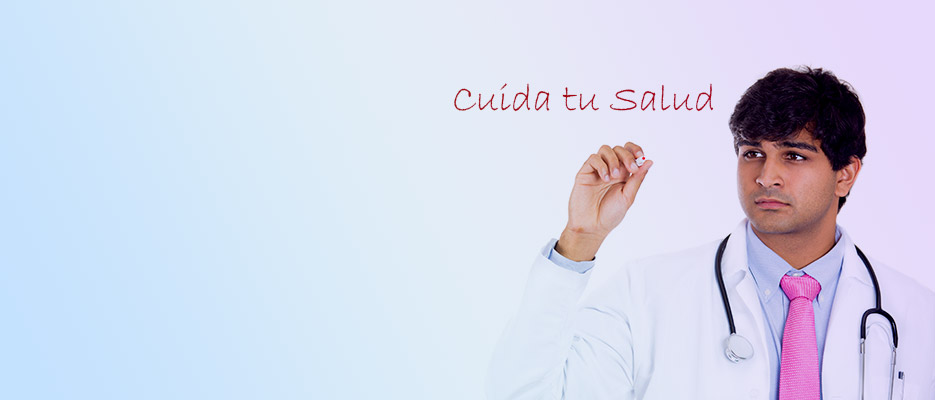 Médico escribiendo en una pizarra: Cuida tu Salud